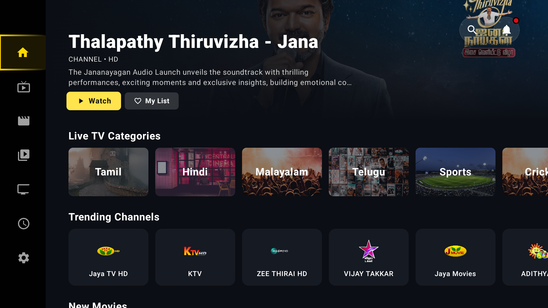 ThiraiBox App Interface showing Tamil TV channels, movies and Live TV categories